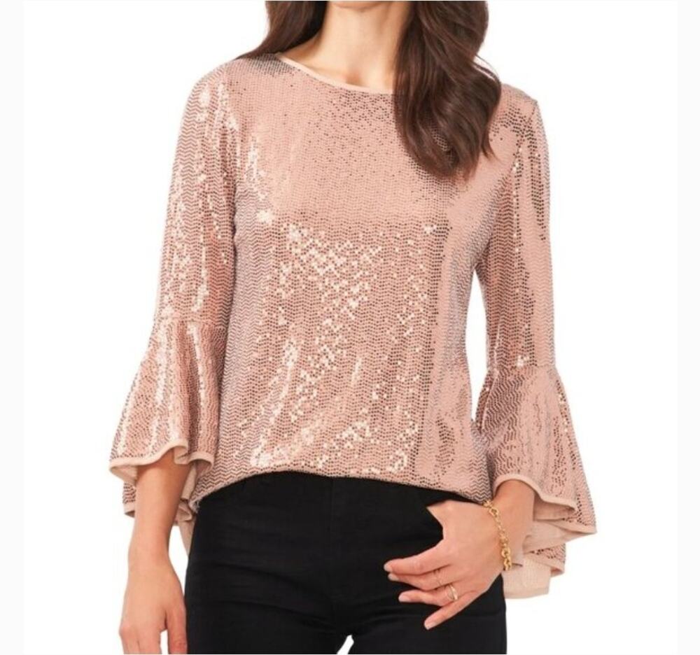 Vince Camuto Shimmer Top Sz XL Rose Gold Metallic Shiny Long Bell Sleeves Party